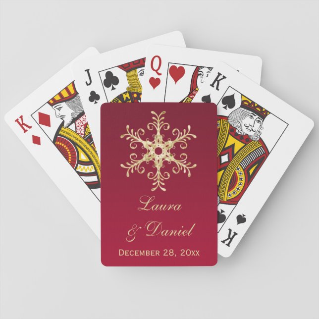 Red. Gold Glitter Snowflakes Wedding Playing Cards (Back)