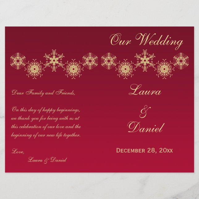 Red, Gold Glitter Snowflakes Wedding Program (Front)