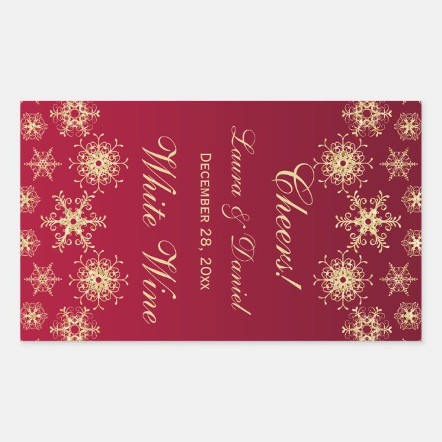 Red, Gold Glitter Snowflakes Wine Label Sticker (Front)