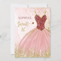 Red Gold Glitter Sparkle Dress Sweet 16 birthday Invitation