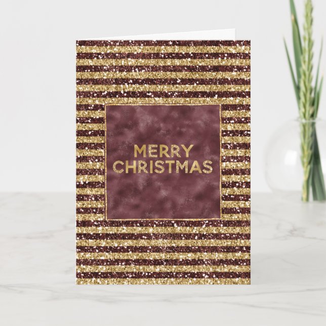 Red Gold Glitter Sparkle Stripes Christmas  Card (Front)