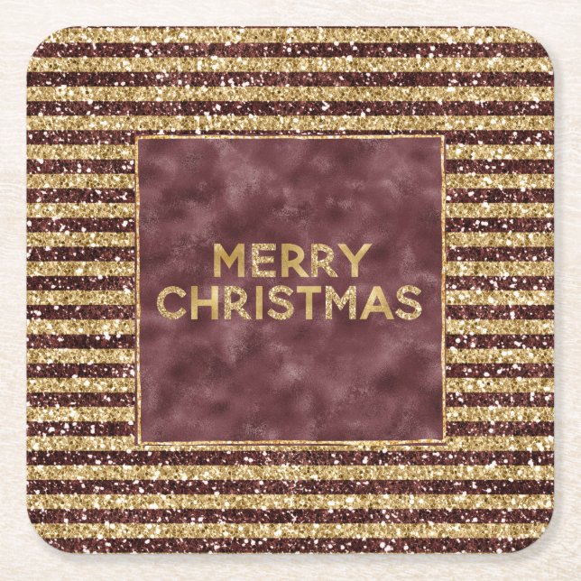 Red Gold Glitter Sparkle Stripes Christmas   Square Paper Coaster (Front)