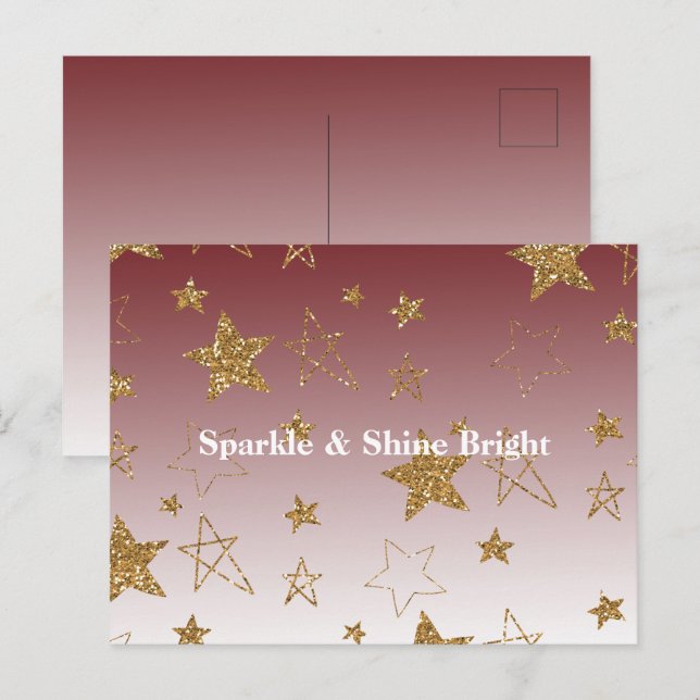 Red Gold Glitter Stars Christmas Postcard (Front/Back)