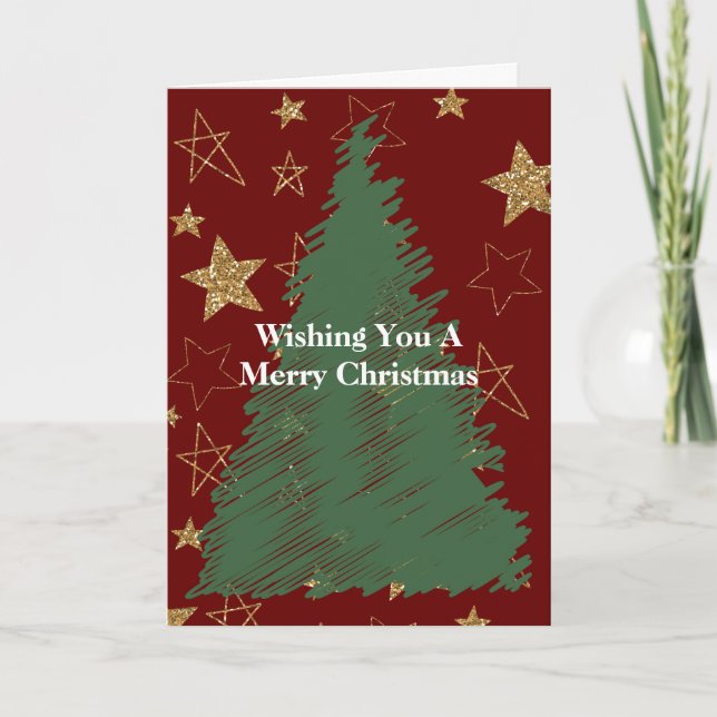 Red Gold Glitter Stars Christmas Tree Card (Front)