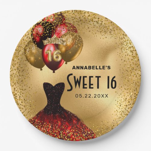 Red Gold Glitter Sweet 16 Paper Plates