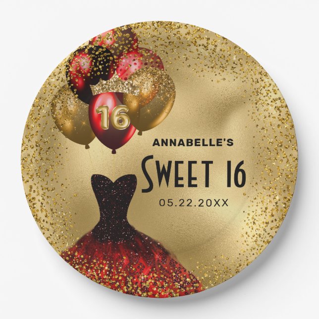 Red Gold Glitter Sweet 16 Paper Plates (Front)