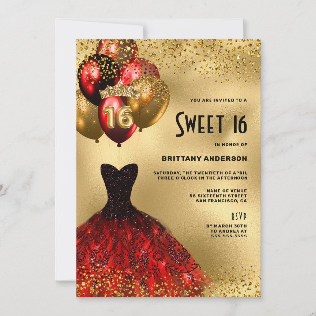 Red Gold Glitter Tiara Dress Sweet 16 Birthday Invitation (Front)