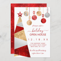 Red Gold Glitter Tree Ornaments Holiday Open House Invitation