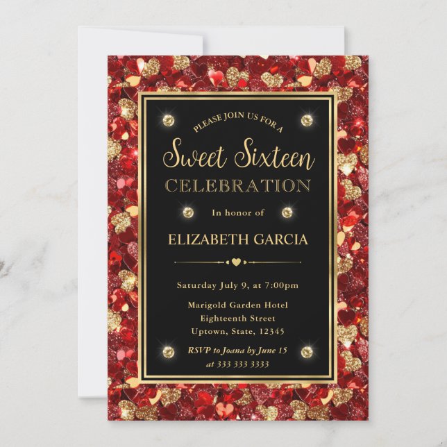 Red & Gold Glitter Valentine Hearts Sweet Sixteen Invitation (Front)