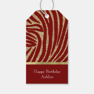 Red Gold Glitter Zebra Birthday Gift Tags