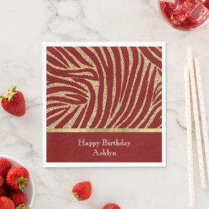 Red Gold Glitter Zebra Birthday Napkins