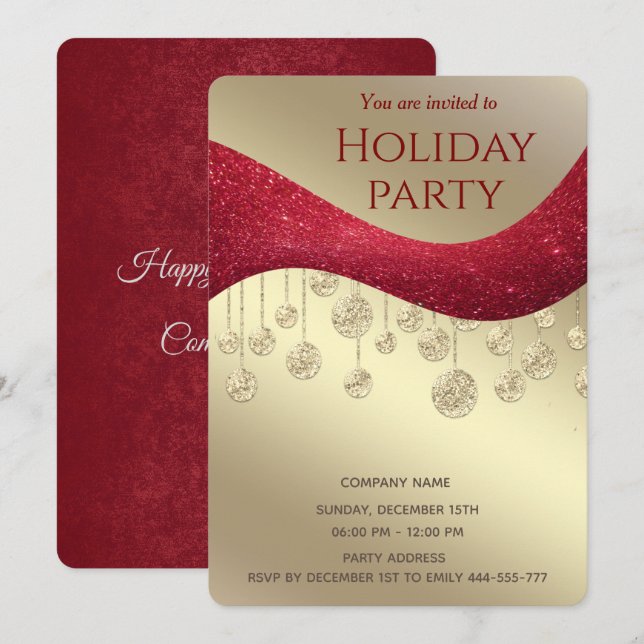 Red gold glittery simple corporate Christmas party Invitation (Front/Back)