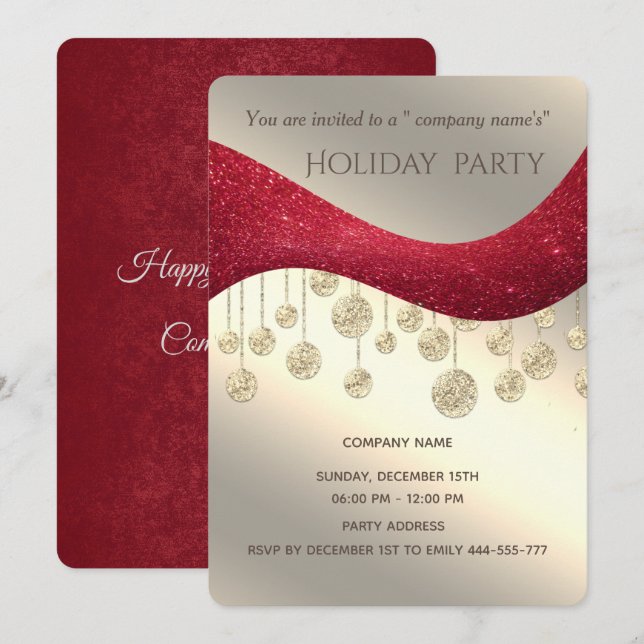 Red gold glittery simple corporate Christmas party Invitation (Front/Back)
