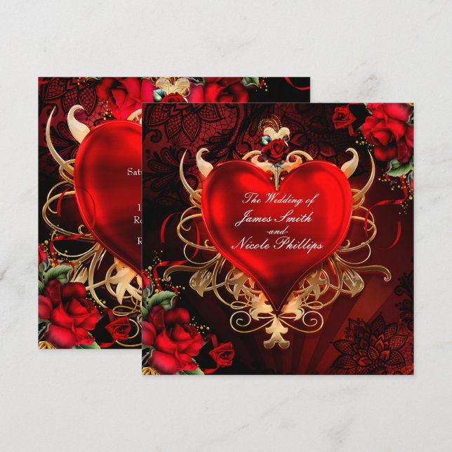 Red & Gold Gothic Love Romance Heart Wedding Invitation (Front/Back)