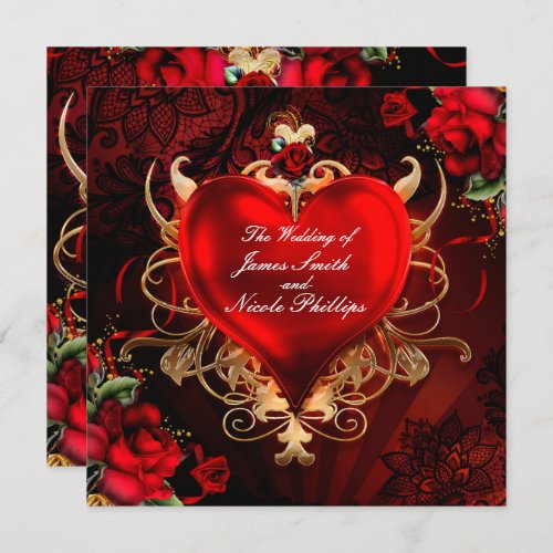 Red  Gold Gothic Love Romance Heart Wedding Invitation