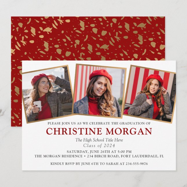 Red Gold Graduate Photo Graduation Announcement  (Front/Back)