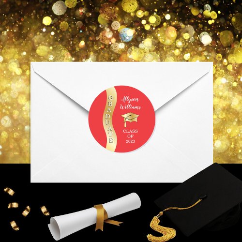 Red  Gold Graduate Wave Grad Cap Classic Round Sticker