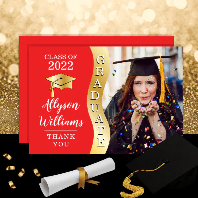 Red | Gold Graduate Wave Grad Cap Photo Thank You Card | Zazzle
