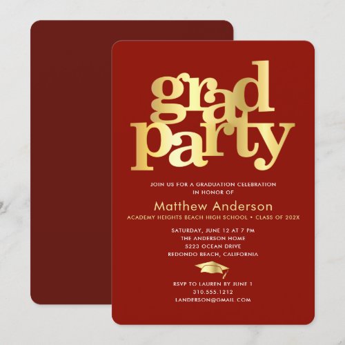 Red Gold Graduation Cap Bold Typography Minimal Invitation