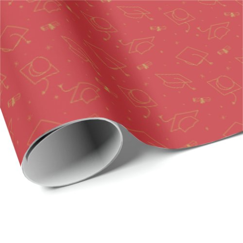 Red  Gold Graduation Cap Toss Wrapping Paper