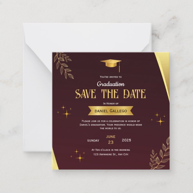 Red Gold Graduation Save the Date Card (Front)