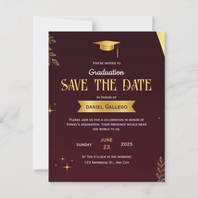 Red Gold Graduation Save the Date Card (Front)