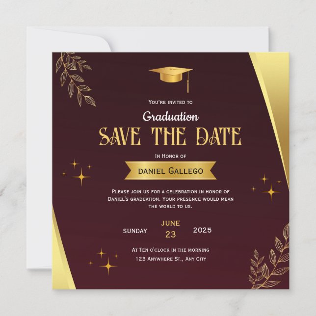 Red Gold Graduation Save the Date Card (Front)