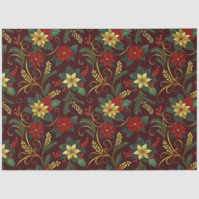 Red Gold Green Christmas Florals Decoupage  Tissue Paper (Front)