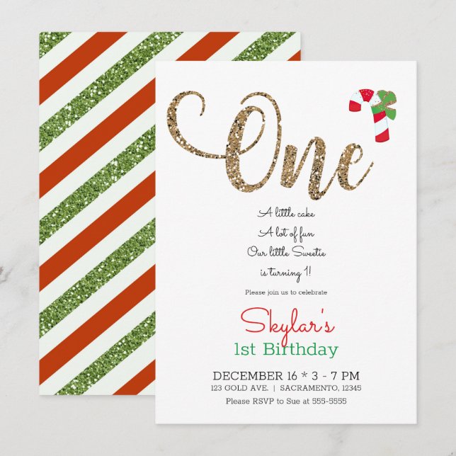 Red Gold & Green Christmas Holiday 1st Birthday In Invitation (Front/Back)