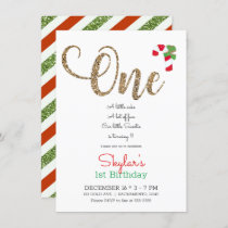 Red Gold & Green Christmas Holiday 1st Birthday In Invitation