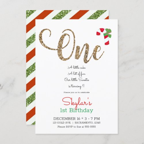 Red Gold  Green Christmas Holiday 1st Birthday In Invitation