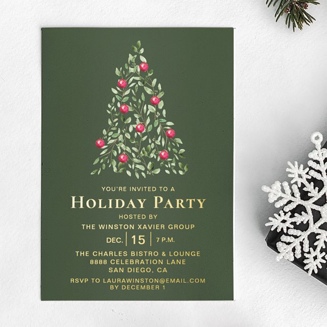 Red Gold Green Christmas Holiday Corporate Party Foil Invitation (Holiday Party green pine red ornament corporate invitation)