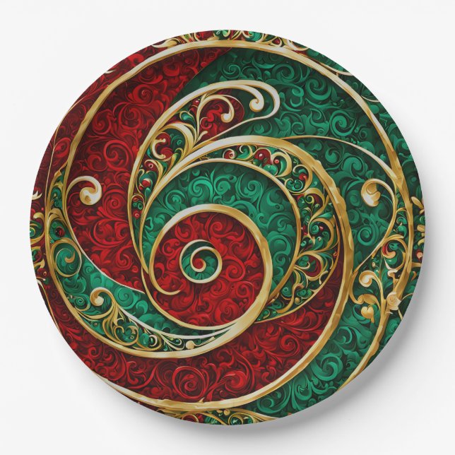 Red Gold Green Christmas Holiday Paper Plate (Front)