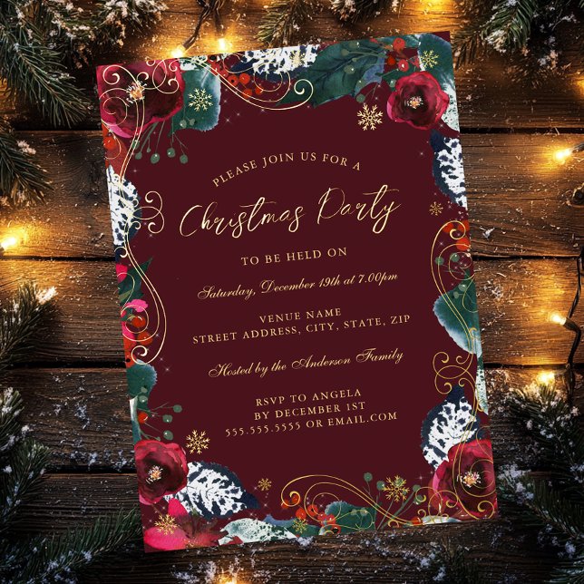 Red Gold Green Floral Swirl Christmas Party  Foil Invitation (Creator Uploaded)