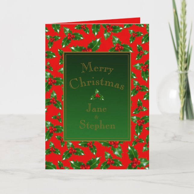Red Gold Green Holly Berry Pattern – Personalized Card (Front)