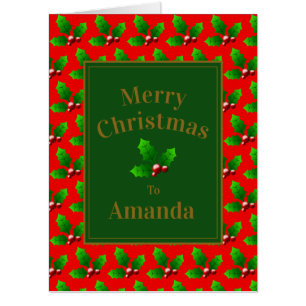 Red Gold Green Holly Berry Pattern – Personalized Card