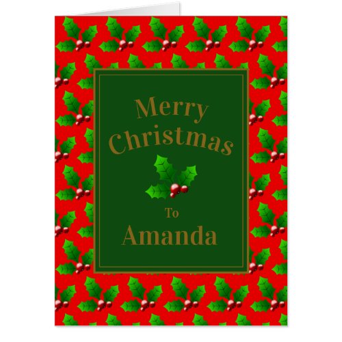 Red Gold Green Holly Berry Pattern  Personalized Card