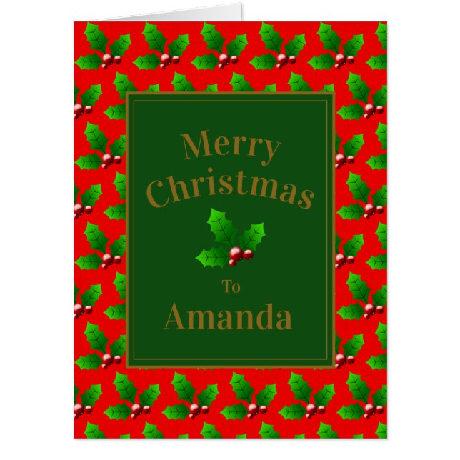 Red Gold Green Holly Berry Pattern – Personalized Card (Front)