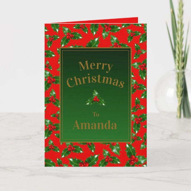 Red Gold Green Holly Berry Pattern – Personalized Card (Front)