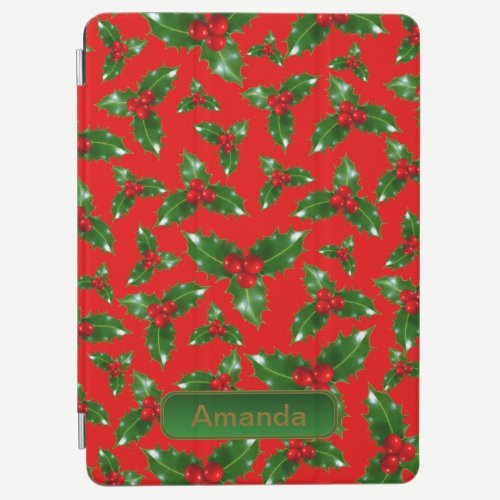 Red Gold Green Holly Berry Pattern – Personalized iPad Air Cover
