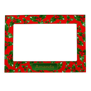 Red Gold Green Holly Berry Pattern – Personalized Magnetic Frame
