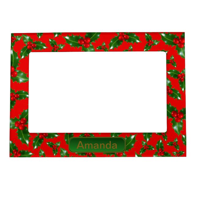 Red Gold Green Holly Berry Pattern – Personalized Magnetic Frame (Front)