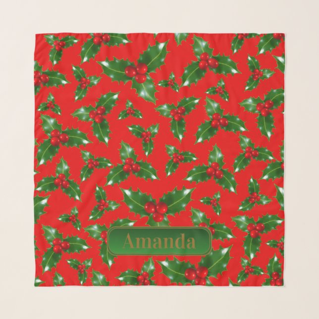 Red Gold Green Holly Berry Pattern – Personalized Scarf (Front)