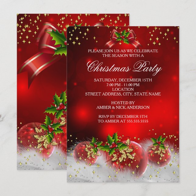 Red Gold Green Holly Christmas Holiday Party Invitation (Front/Back)