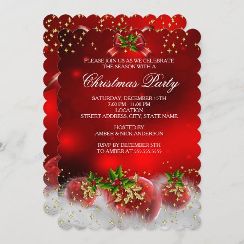 Red Gold Green Holly Snow White Christmas Party Invitation