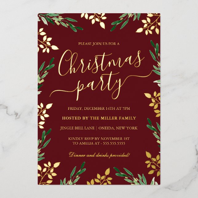 Red Gold Green Leaf Christmas Party Foil Invitation (Front)