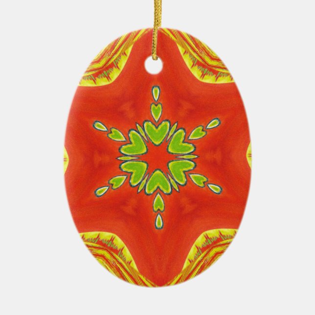 Red Gold Green Mandala Art Print Ceramic Ornament (Front)