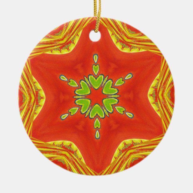 Red Gold Green Mandala Art Print Ceramic Ornament (Front)