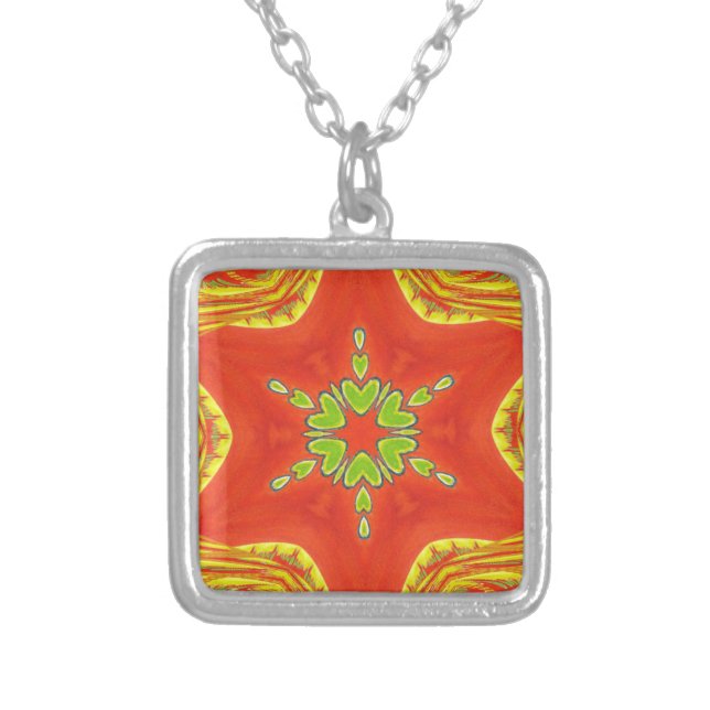 Red Gold Green Mandala Art Print Silver Plated Necklace (Front)