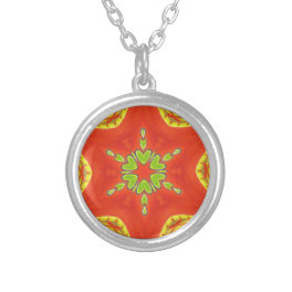 Red Gold Green Mandala Art Print Silver Plated Necklace